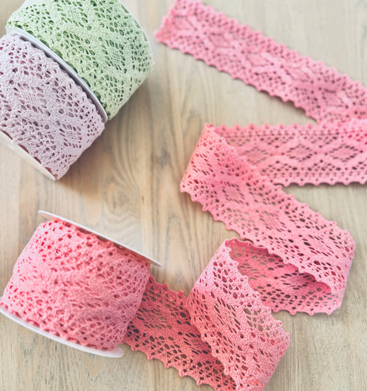 Coral Pink Cotton Lace Ribbon 60mm – Sold by the Meter