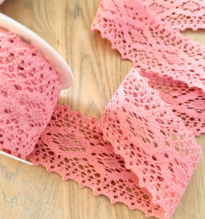 Coral Pink Cotton Lace Ribbon 60mm – Sold by the Meter