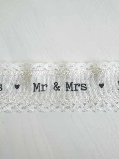 Wedding Ribbon "MR & MRS"- White Linen and Cotton, 4 cm (1.57 inch) Width