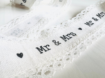 Wedding Ribbon "MR & MRS"- White Linen and Cotton, 4 cm (1.57 inch) Width
