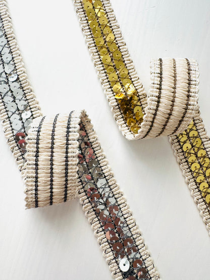 Sequin Decorative Trim Ribbon 25 mm – Gold & Silver Embellishment for Sewing, Crafts & DIY Projects