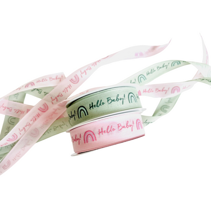 Hello Baby Baby Shower Ribbon – Green & Pink Satin Ribbon 25 mm Wide | Baby Shower Decorations