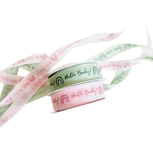 Hello Baby Baby Shower Ribbon – Green & Pink Satin Ribbon 25 mm Wide | Baby Shower Decorations