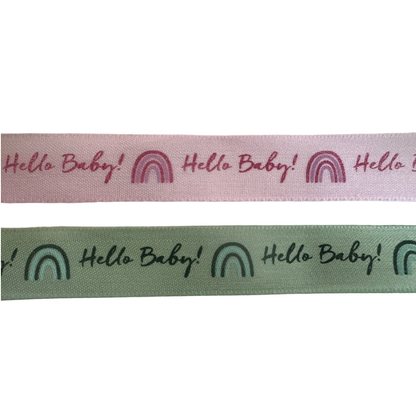 Hello Baby Baby Shower Ribbon – Green & Pink Satin Ribbon 25 mm Wide | Baby Shower Decorations