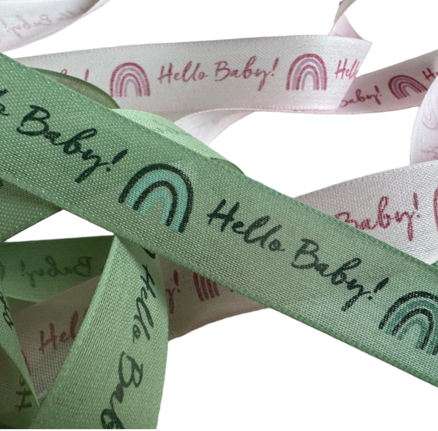 Hello Baby Baby Shower Ribbon – Green & Pink Satin Ribbon 25 mm Wide | Baby Shower Decorations