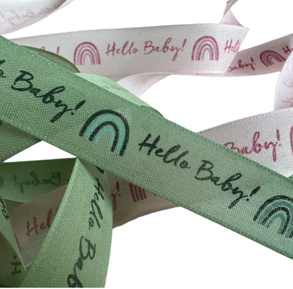 Hello Baby Baby Shower Ribbon – Green & Pink Satin Ribbon 25 mm Wide | Baby Shower Decorations