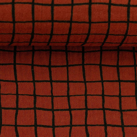 Cotton Muslin Rust Red Checkered – Double Gauze, 135 cm wide