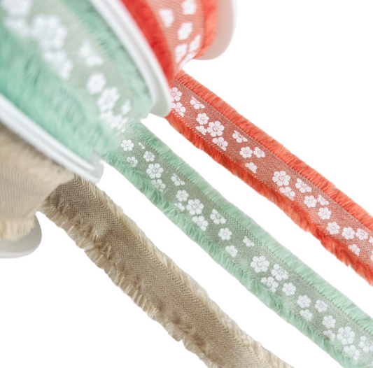 Floral Linen Ribbon with Frayed Edges: Mint, Coral, Beige - 25mm