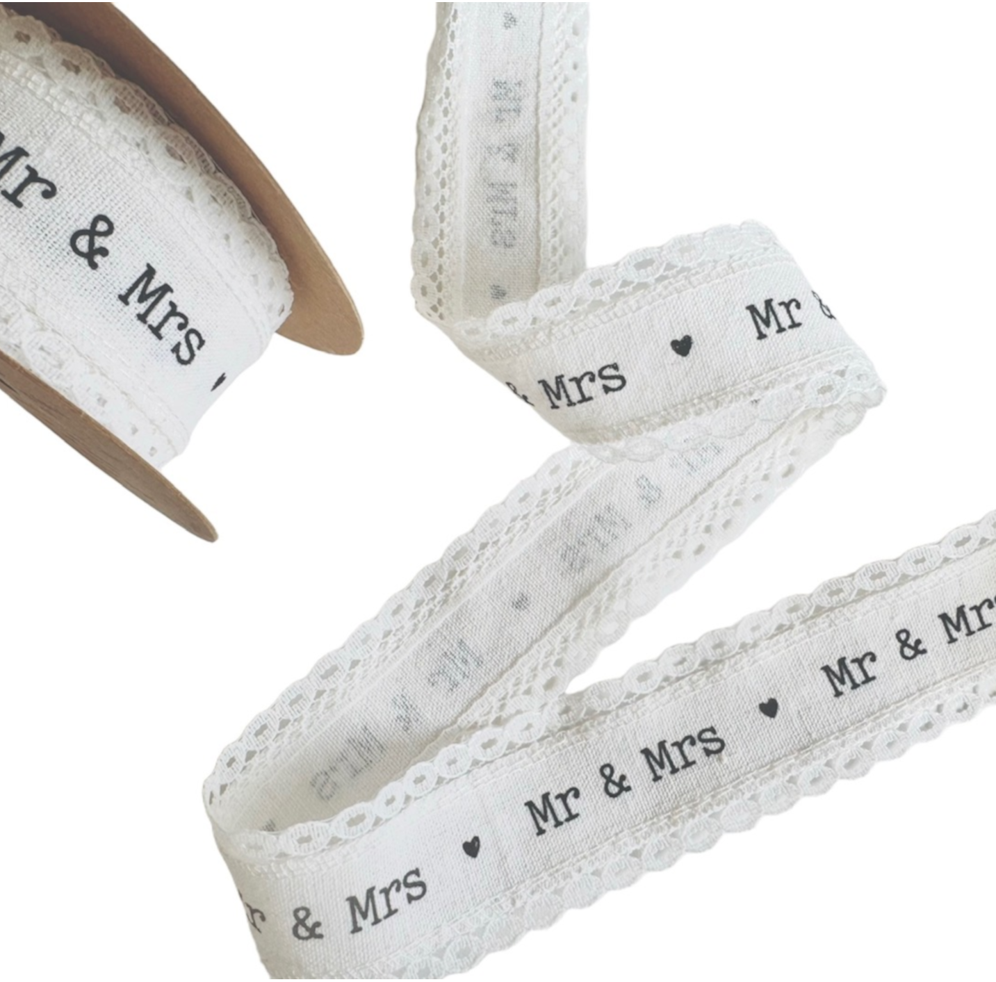 Wedding Ribbon "MR & MRS"- White Linen and Cotton, 4 cm (1.57 inch) Width
